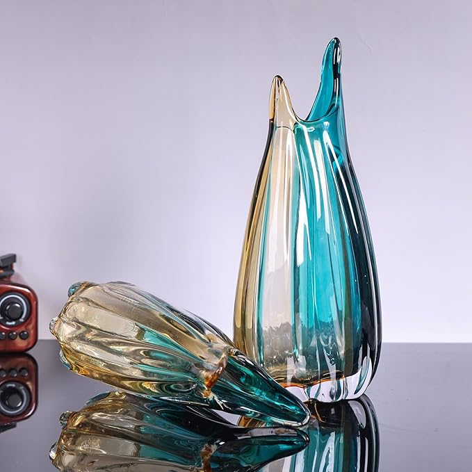 orenm Hand Blown Glass Vase,Unique Wide Glass vase,Modern Colorful Turquoise Glass Art Decor,Amber and Teal Vases for Office,Living Room,Dining Table Table Centerpieces Decorative (Horn-M)
