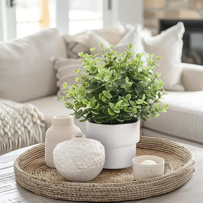 Small Fake Plants 7.45” Eucalyptus Potted Artificial Eucalyptus Plant for Home Bathroom Office Farmhouse Restroom Shelf Desk Mantel Coffee Table Decor (Green)