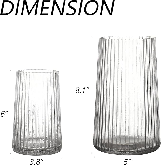Ribbed Flower Vases Set of 2, Clear Vases for Flowers, Flower Vase for Bouquet, Modern Ribbed Glass Vase for Living Room, Bedroom, Dining Table, Office, Wedding, Centerpieces