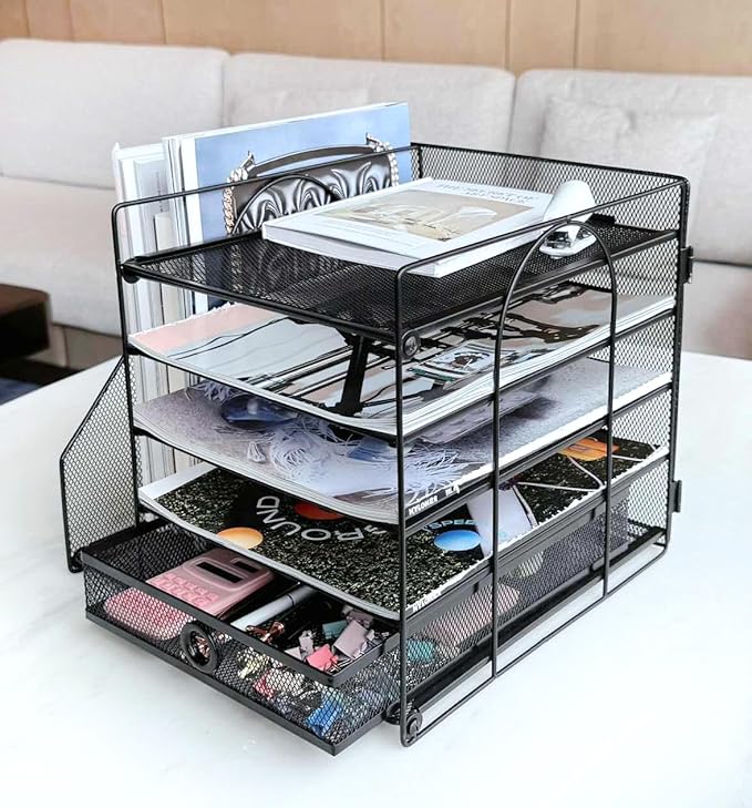 5-Tier Paper Letter Organizer with File Holder, Desk Organizer with Drawer, Mesh Desktop Storage with Magazine Holder for Office Supplies (Black)