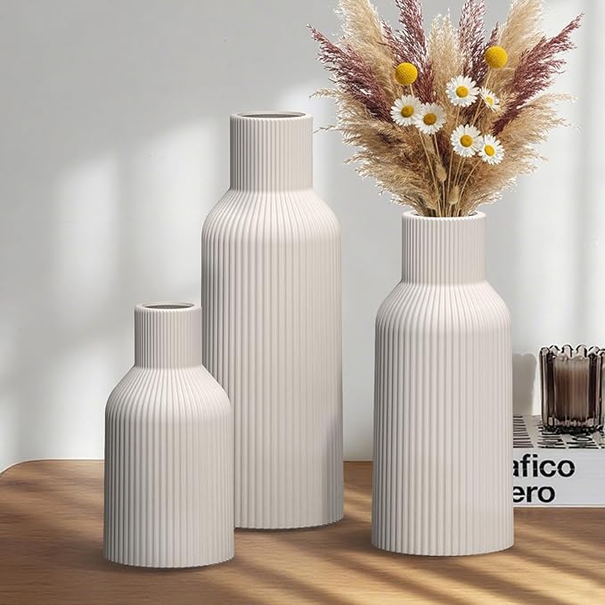 White Ceramic Vases Set of 3, White Ribbed Decorative Vases - Table Centerpieces for Wedding, Living Room, Office & Shelf Decor