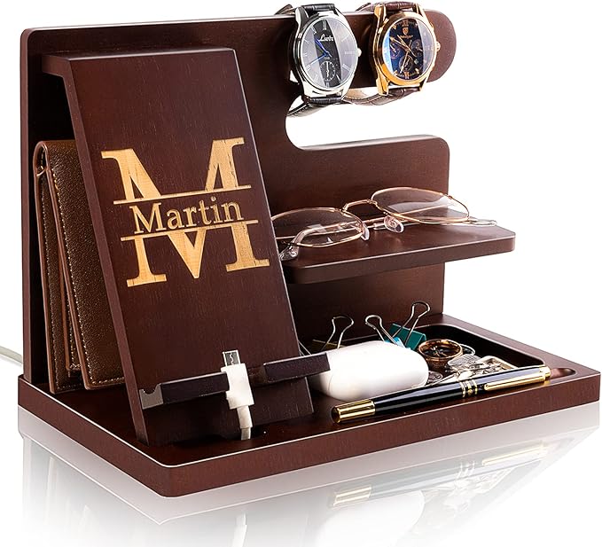 Personalized Wood Phone Docking Station Nightstand Organizer - Wallet Stand Watch Organizer Gadgets for Men Women Husband Boyfriend Dad Son Grandpa Gifts - Birthday Anniversary Fathers Day Christmas