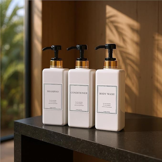 Modern Gold Design Large 27 oz Shampoo and Conditioner Dispensers - Empty Plastic Refillable Pump Bottle Set for Bathroom Shower Soap Dispenser, Gift Box Included, Set of 3 (Black)