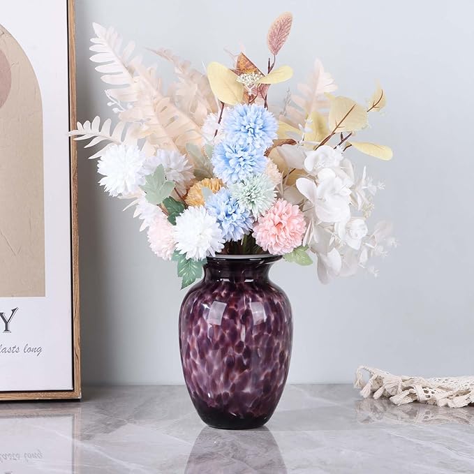 9" Purple Hand Blown Glass Vase – Murano Style Art Glass Sculpture, Stained Colorful Flower Vase for Table Centerpieces, Lavender Glass Decor for Entryway, Bookshelf, Office or Bathroom (Purple)