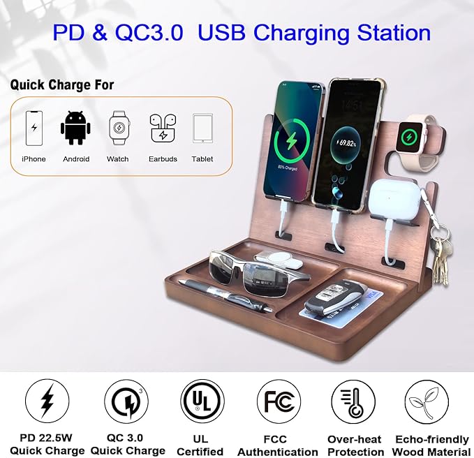 Wood Phone Docking Station Nightstand Organizer Charging Station with QC 3.0 & PD22.5W USB C Charger Fast Charging for iPhone Samsung Android Watch Airpod Anniversary Birthday Gifts for Men