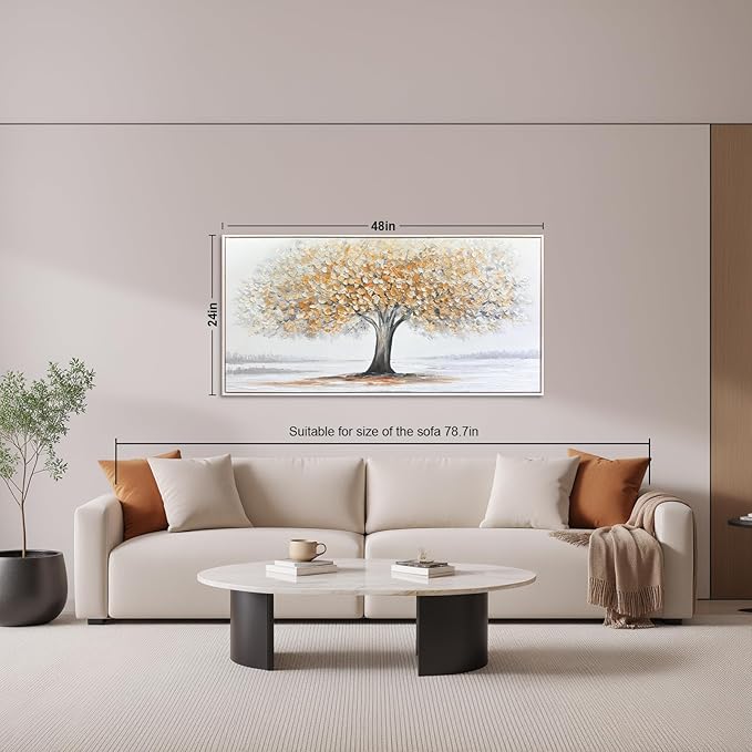 White Tree of Life Canvas Wall Art, Modern Abstract Textured Painting, Large Framed Panoramic Landscape Artwork for Living Room, Bedroom, Office, Home Decor 48"x24"