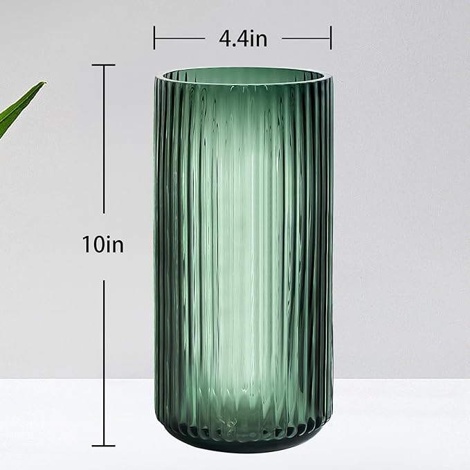 Muyan 9.8" Flower Vase for Decor Ribbed Glass Vase Modern for Centerpieces Desktop Home Office Dining Living Room Wedding (Green)