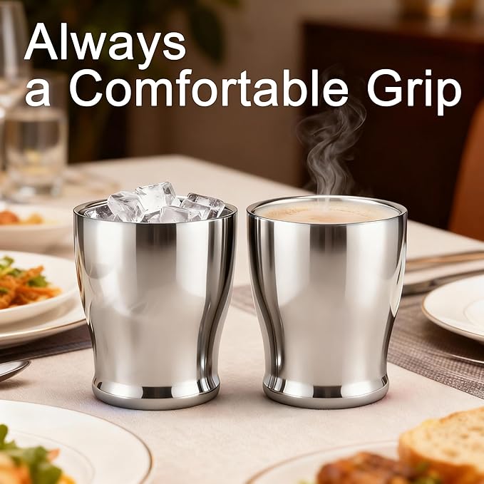 2-Pack Double Wall Stainless Steel Insulated Cups, 8.8oz (260ml), Hot & Cold Drinkware for Travel, Office, Home – Sweat-Proof, Durable, Mirror Polished Finish (Silver)