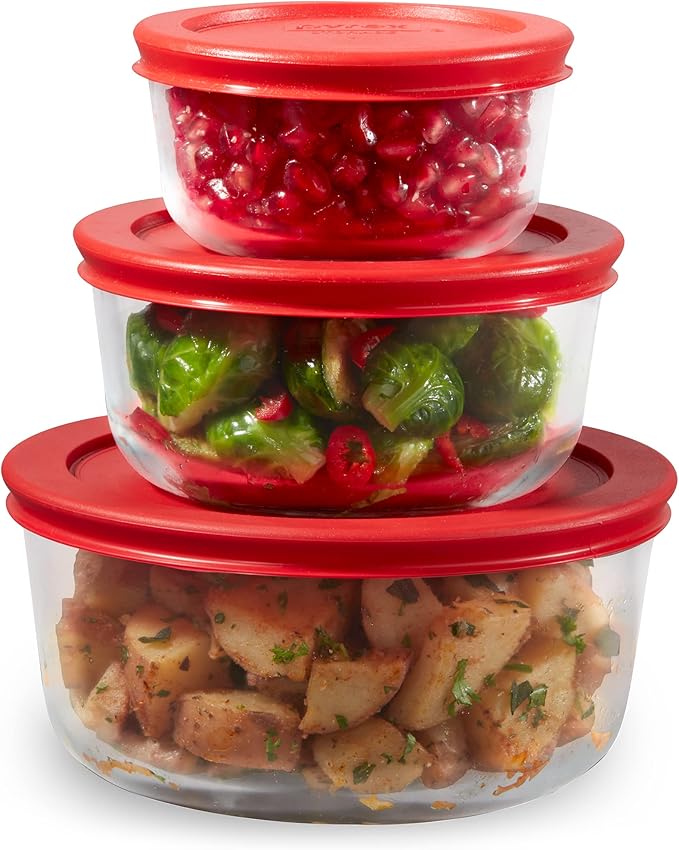 Pyrex Simply Store 3-Pack (1, 2 & 4 Cup) Small Round Glass Food Storage Containers Set, Snug Fit Non-Toxic Plastic BPA-Free Lids, Freezer Dishwasher Microwave Safe