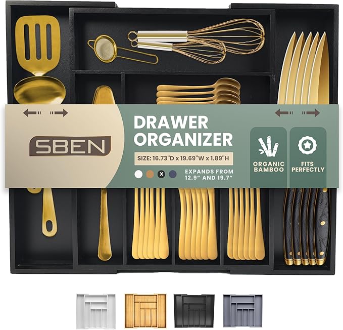 Sben Expandable Drawer Organizer for Utensils Holder, Adjustable Cutlery Tray, Wood Drawer Dividers Organizer for Silverware, Flatware, Knives for Kitchen (Black)