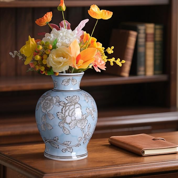 Vintage Chinoiserie Floral Ceramic Vase, Large Rustic Pottery Vases for Living Room, Entryway, Dining Table Centerpiece, Farmhouse Home Décor, Floor or Tabletop Flower Vase, (Blue)