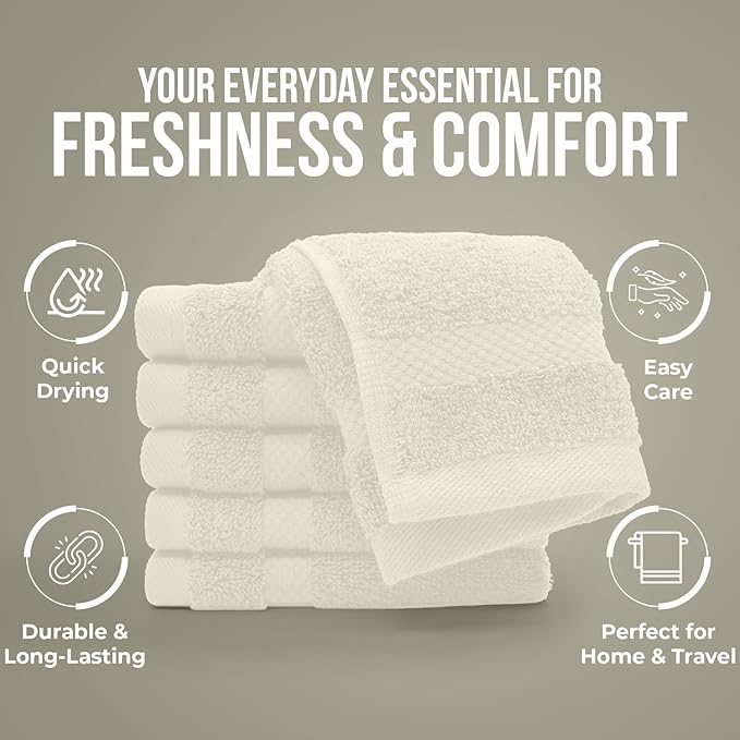 DAN RIVER 12-Pack Premium 100% Cotton Ivory Face Towels – Reusable Face Towel Set, Soft & Absorbent Washcloths for Bathroom & Body – Hand and Face Towels, 550 GSM (12x12 in)