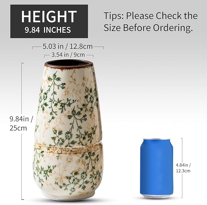 Vintage Green and Beige Vase, Large Round Ceramic Floral Vases, Retro Ice Cracked Chinoiserie Vase for Home Decor, Living Room, Bookshelf, Office, Bedroom and Shelf, Rustic Table Centerpiece 10 Inch