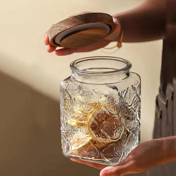 Snminetal Vintage Glass Airtight Storage Jar Set of 4, With Airtight Wood Lid, Kitchen Food Storage Containers,for Kitchen Counter, Pantry, Tea, Sugar,Coffee,Food Storage Jar(Plum pattern)