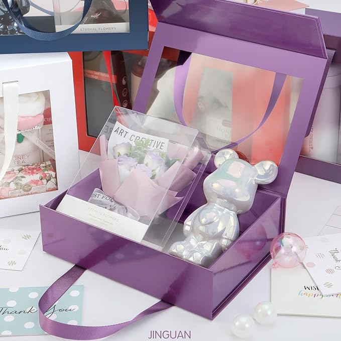 Purple Gift Box with Window, Clear Magnetic Gift Box for Present, Bridesmaid Proposal Box (10.5x7.5x3 Inches)