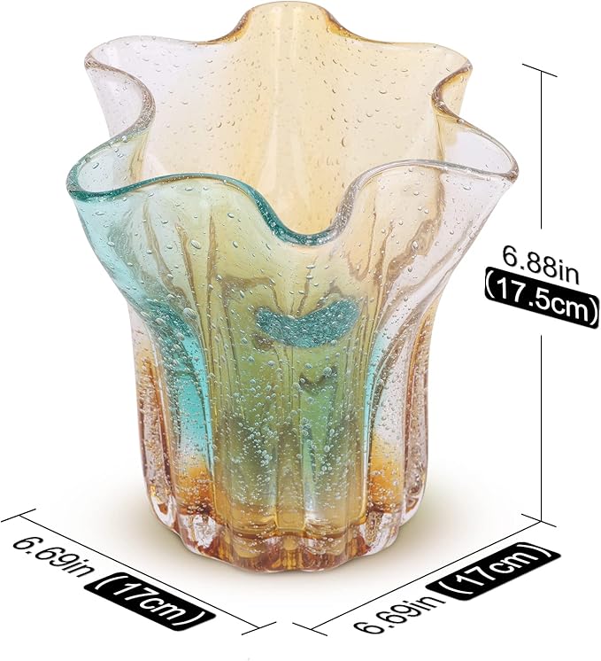 Hand Blown Glass vase, Wide Mouth Petal vase, Colorful Modern Glass Art Home Decor vase for Family Living Room, Wedding Scene, Dining Table Center, Entrance Table top