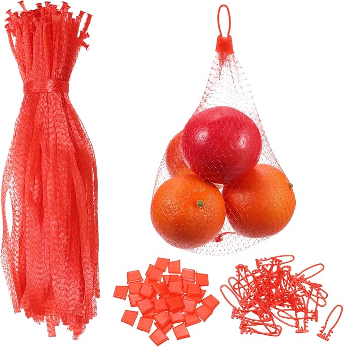 uxcell 100 Pcs Reusable Mesh Produce Bags, 35cm/14 Inch Washable Net Storage Bags Reusable Grocery Reusable Storage Bags with Plastic Buckle for Fresh Fruit Vegetables Seafood, Red