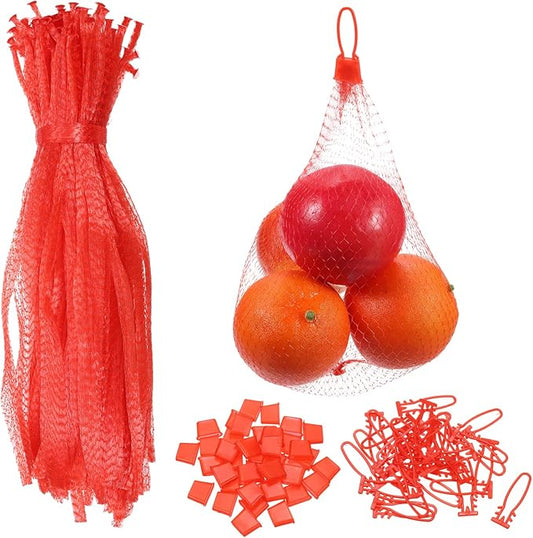 uxcell 100 Pcs Reusable Mesh Produce Bags, 35cm/14 Inch Washable Net Storage Bags Reusable Grocery Reusable Storage Bags with Plastic Buckle for Fresh Fruit Vegetables Seafood, Red