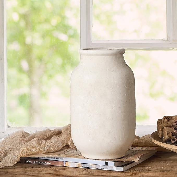 SIDUCAL Rustic Farmhouse Flower Vase | 9.5 Inch Large Ceramic Vase | Pampas Grass | Modern Farmhouse for Home Decor, Table, Living Room Decoration, Shelf Decor, Mantel, White