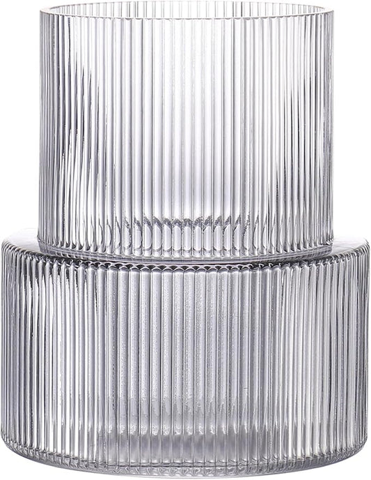 Black Glass Vase, Ribbed Glass Vase for Tulips, Flower Vases for Bouquet, Black Modern Vases for Living Room, Dining Table, Entryway, Mantle, Shelf, Wedding, Office, 7.5 Inches