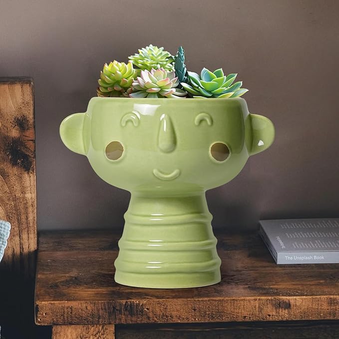 Face Planter Pots Head - 7 Inch Ceramic Succulent Plant Pots with Drainage Hole, Cute Head Planters for Indoor Outdoor Plants, Room Desk Office Decor, Plant Lover Gifts, Green