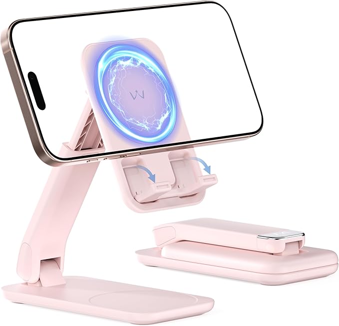 iWALK Magnetic Cell Phone Stand for Desk, Angle and Height Adjustable Mobile Phone Holder, Foldable Magnet Stand for iPhone 17 16 15 14 13 12 Pro Max and iPad, Cell Phone Holder for Samsung, Pink