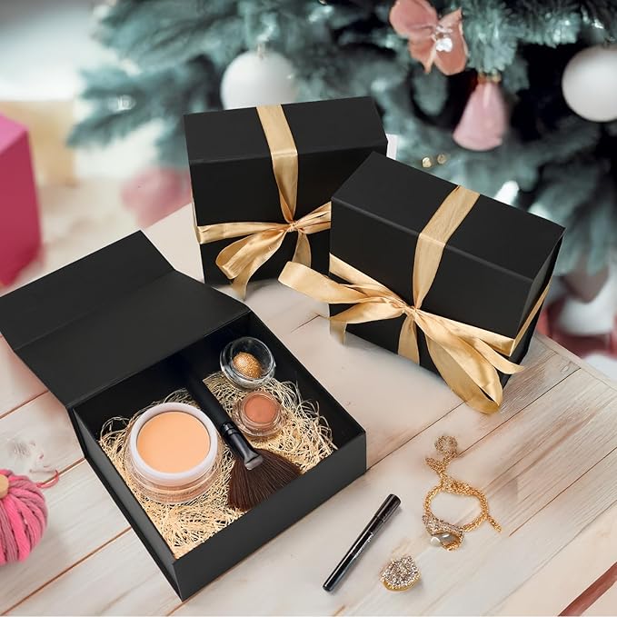 Schliersee 4 Packs 7.8x7x3.1 Gift Box with Magnetic Closure Lid for Present, Black Gifts Wrap Box for Birthday, Wedding, Groomsmen Bridesmaid