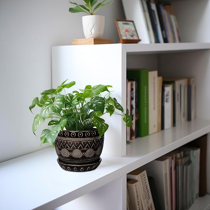 G EPGardening 5.5 Inch Ceramic Planter - Ceramic Plant Pot for Indoor Outdoor Plants, Boho Round Flower Pot with Drainage Hole and Saucer, Gifts for Plant Lovers, Office Garden Home Decor, Black