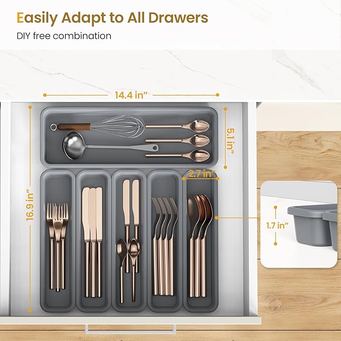 6 Pack Silicone Drawer Organizer for Kitchen, DIY Free Combination Silverware Organizer, Utensil Drawer Organizer, Moisture-proof and Heat-resistant up to 200°C, Anti-slip and Environmentally (Grey)