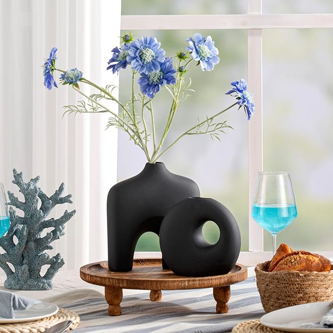 Ceramic Vase Set of 2, Modern Donut Vases for Minimalist Nordic Home Decor, Waterproof Round Vase, Decorative Centerpiece Vases for Living Room, Entryway, Bookshelf, Table Decor (Matte Black)