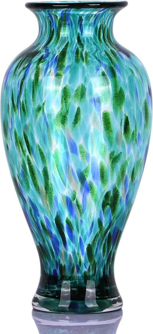 Blown Glass vase, Unique Glass vase, Glass Green Decorative vase for Home Living Room Dining Table re Office Wedding Entrance Desktop Decorative vase.