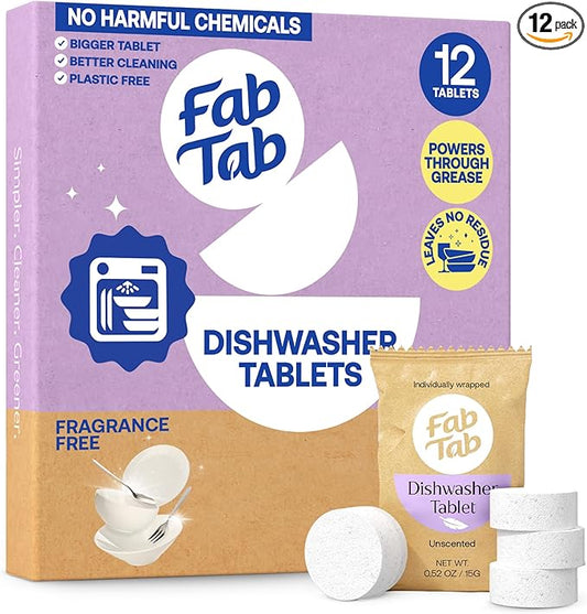 Fab Tab Dishwasher Tablets, Unscented, A Plastic Free Dishwasher Pod Alternative, Powers Through Grease, Leaves No Residue, Safe for The Whole Family, Individually Wrapped