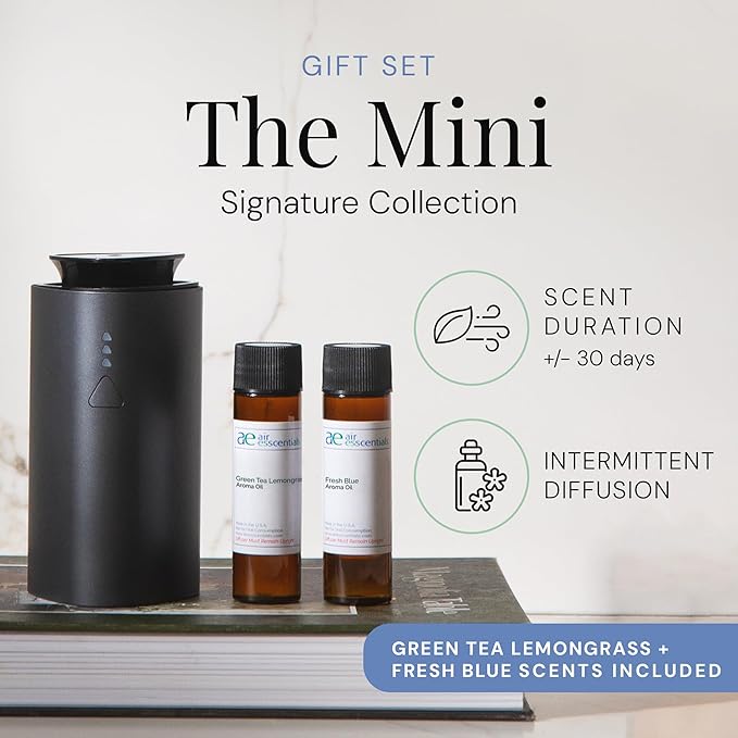Air Esscentials 'The Mini' Gift Set, Mini Essential Oil Diffuser with Green Tea Lemongrass & Fresh Blue, Rechargeable & Waterless Small Oil Diffuser, 300 sq. ft. Coverage, Signature Scent Collection