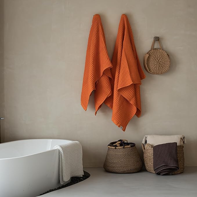 Luxury Japanese Cotton Silk Waffle Bath Towel | Plush, Absorbent, and Quick Dry (Coral Orange, Hand Towel (3 Pack))