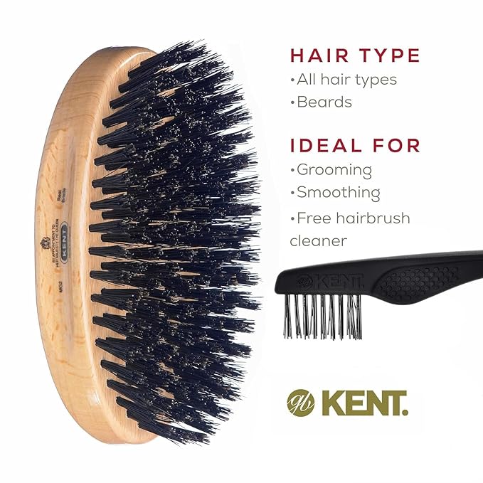Kent MG2 Boar Bristle Hair Brush for Men, Military Brush with Natural Boar Bristles for Mens Grooming for All Hair Types, 360 Wave Brush Travel side for beard and mustache