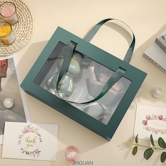 JINGUAN 5 Green Gift Boxes with Windows, Lids, and Handles - Clear Magnetic Gift Boxes for Presents - Size: 10.5x7.5x3 Inches