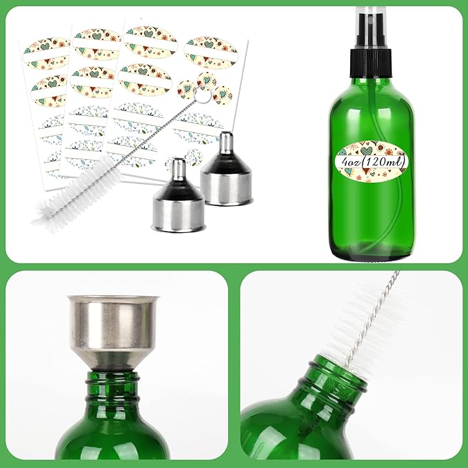 CycleMore 120ml 16 Pack 4oz Green Glass Spray Bottles with Fine Mist Sprayers, Glass Travel Bottles for Cosmetic, Essential Oils, Cleaning Solutions, Perfumes & More Liquids Ideal for Friends