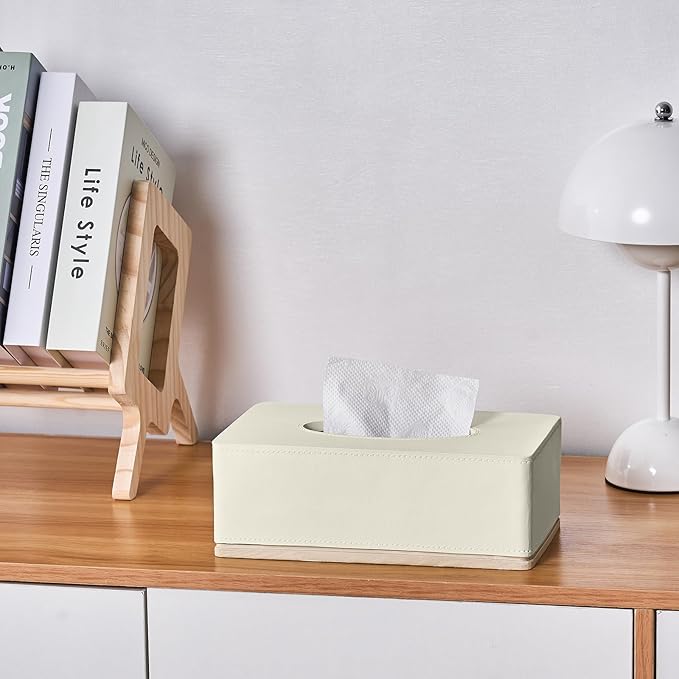 Rectangular Tissue Box Cover for Bathroom,Livingroom,Bedroom, Hand Carved Leather Resin Tissue Box Holder,10 x 5.7 x3.7 in, Beige