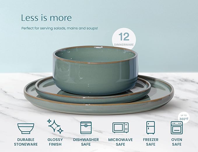 Dinnerware Set, 12 Piece, by Vase and Vessel, Ceramic 10.5” Dinner Plates, 8.2” Salad Plates and 25 oz Soup Bowls, Stoneware, Microwave and Dishwasher Safe, 12 Piece Set, Beige, Somerset Collection