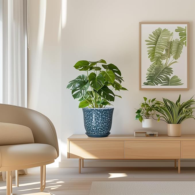 8 Inch Plant Pot - Ceramic Planter for Indoor Outdoor, Round Planter with Drainage Hole and Saucer, Modern Planters, Decorative Flower Pot, Garden Room Office Home Decor, Garden Gifts, Blue