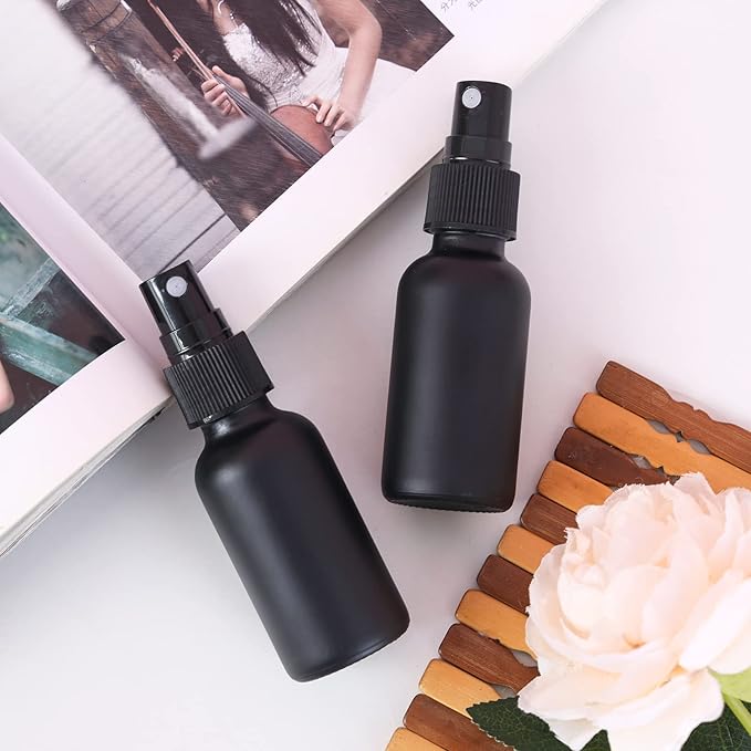 2oz Glass Spray Bottle, Fine Mist Boston Glass Bottles with Black Fine Mist Sprayer Small Clear Bottles for Essential Oils, Bath, Beauty, Hair & Cleaning, Black, Pack of 12