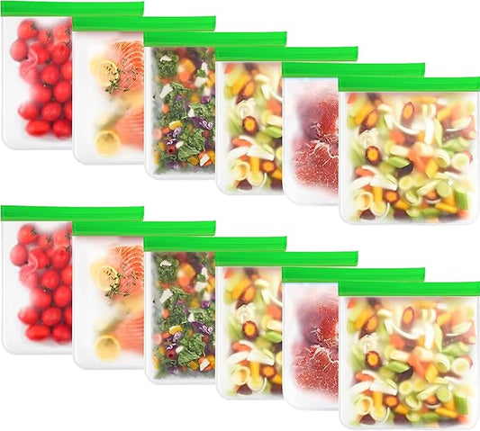12-Pack Reusable Silicone Gallon Ziplock Freezer Bags – Extra Thick, BPA-Free, Leakproof, Stand-Up & Dishwasher Safe – Large Food Storage Bags for Meal Prep, Marinating, Travel & Kitchen Organization