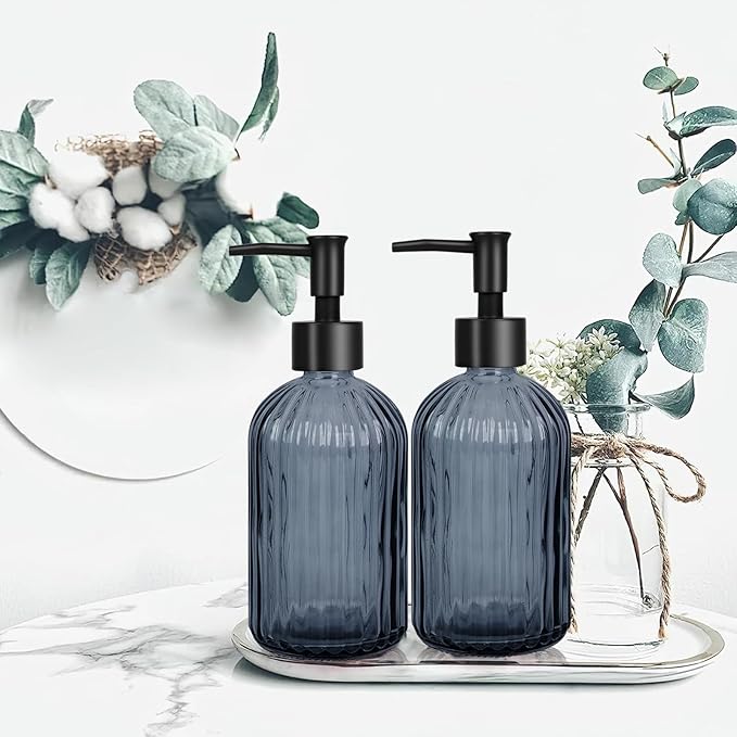 Glass Soap Dispenser with Plastic Pump, Hand Soap Dispenser for Hand Wash, Lotion Dispenser for Dishwashing Liquid, Lotion Shower Gel (Striped Blue Grey)