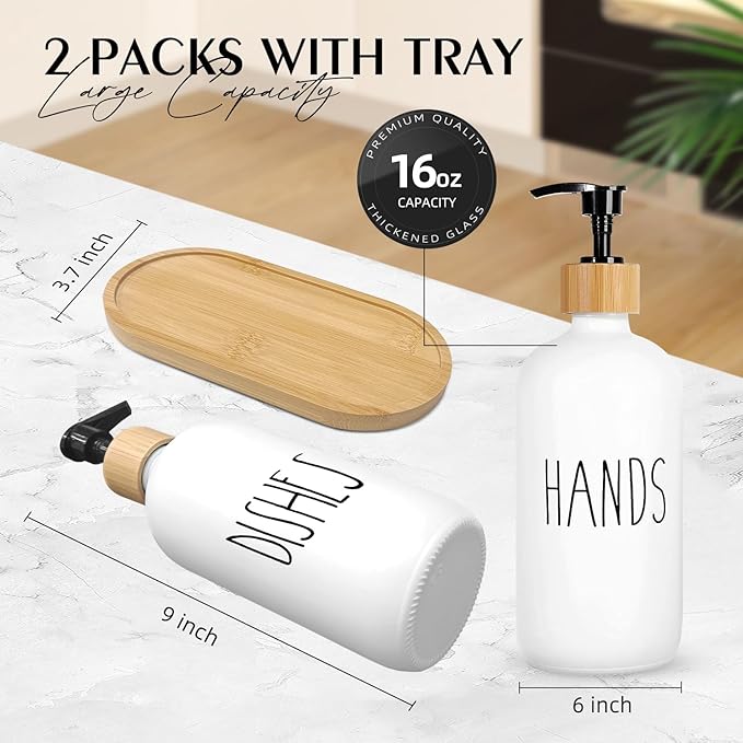 Arktek Glass Soap Dispenser Set with Tray, 2 Pack Hand and Dish Soap Dispenser Set for Bathroom and Kitchen Bottle Dispenser with Dish Soap, Hand Soap, Lotion 17 Oz (2 White)