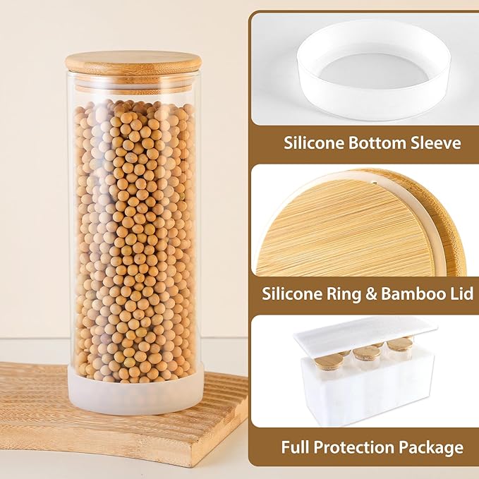 34oz Round Glass Storage Containers with Bamboo Lids – 6 Pack Medium Clear Food Airtight Glass Jars for Pantry Organizers and Storage, Kitchen Dry Food, Flour, Cereal, Coffee Beans & Staples