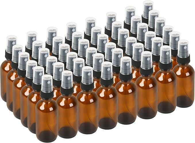 BILLIONSTARS 48 Pack 2oz Glass Boston Round Bottle with Fine Mist Sprayer - Amber - Essential Oils, Bath, Beauty, Hair & Cleaning - Leakproof Travel Bottles