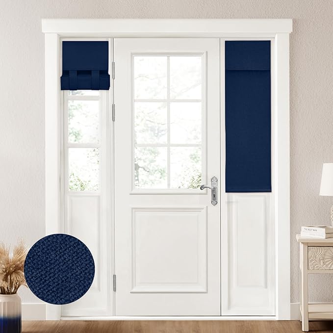 HOMEIDEAS 100% Linen Blackout Sidelight Curtains for Front Door, Side Door Window Curtains, Small Window,Thermal Insulated Covering, 1 Panel, W12 X L40 Inch, Navy