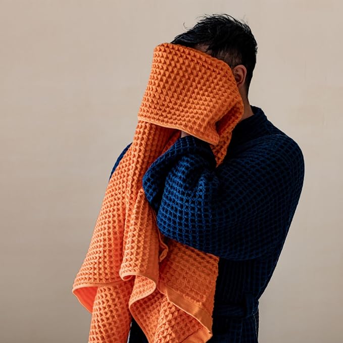 Luxury Japanese Cotton Waffle Bath Towel | Plush, Absorbent, and Quick Dry (Coral Orange, Hand Towel, 32" x 16")