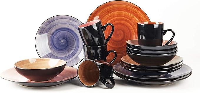 Sonoma 16pc Stoneware Dinnerware Set, Outside Black + Inside Hand Painting Combi Colors of Cobalt, Mocha, Rose and Spice with Speckle