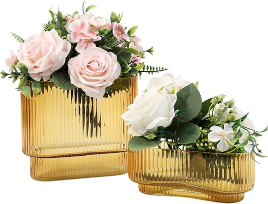 Short Glass Vases, Set of 2 Amber Glass Vases for Tulips, Ribbed Vase for Flowers, Modern Small Vase for Living Room, Dining Room, Bathroom, Desk, Shelf, Wedding, Office